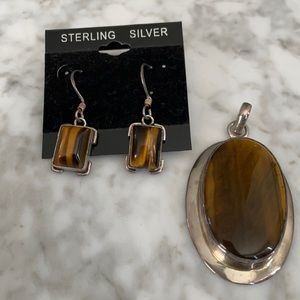 Sterling Silver & Tiger’s Eye Pendant Earrings Set